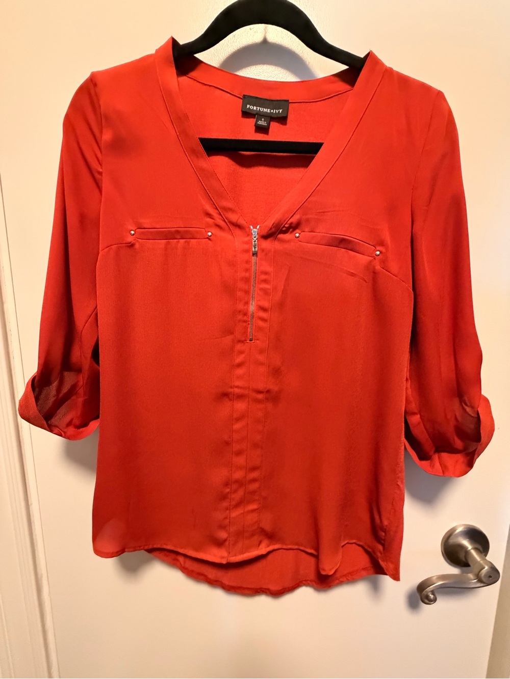 Portmans Orange-Red V-Neck Zip-Front Blouse
